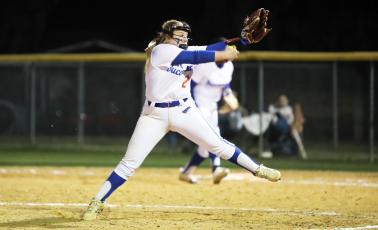 Branford pitcher Laila Arnold winds to pitch against Columbia on Thursday night. (BRENT KUYKENDALL/Lake City Reporter)